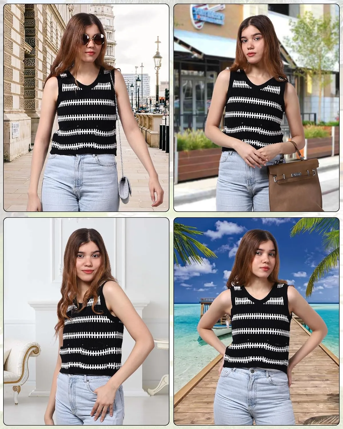 Sweater Vest Women Casual Sleeveless Crochet Tops Color Block Tie Back Knit Tank Tops with Pockets