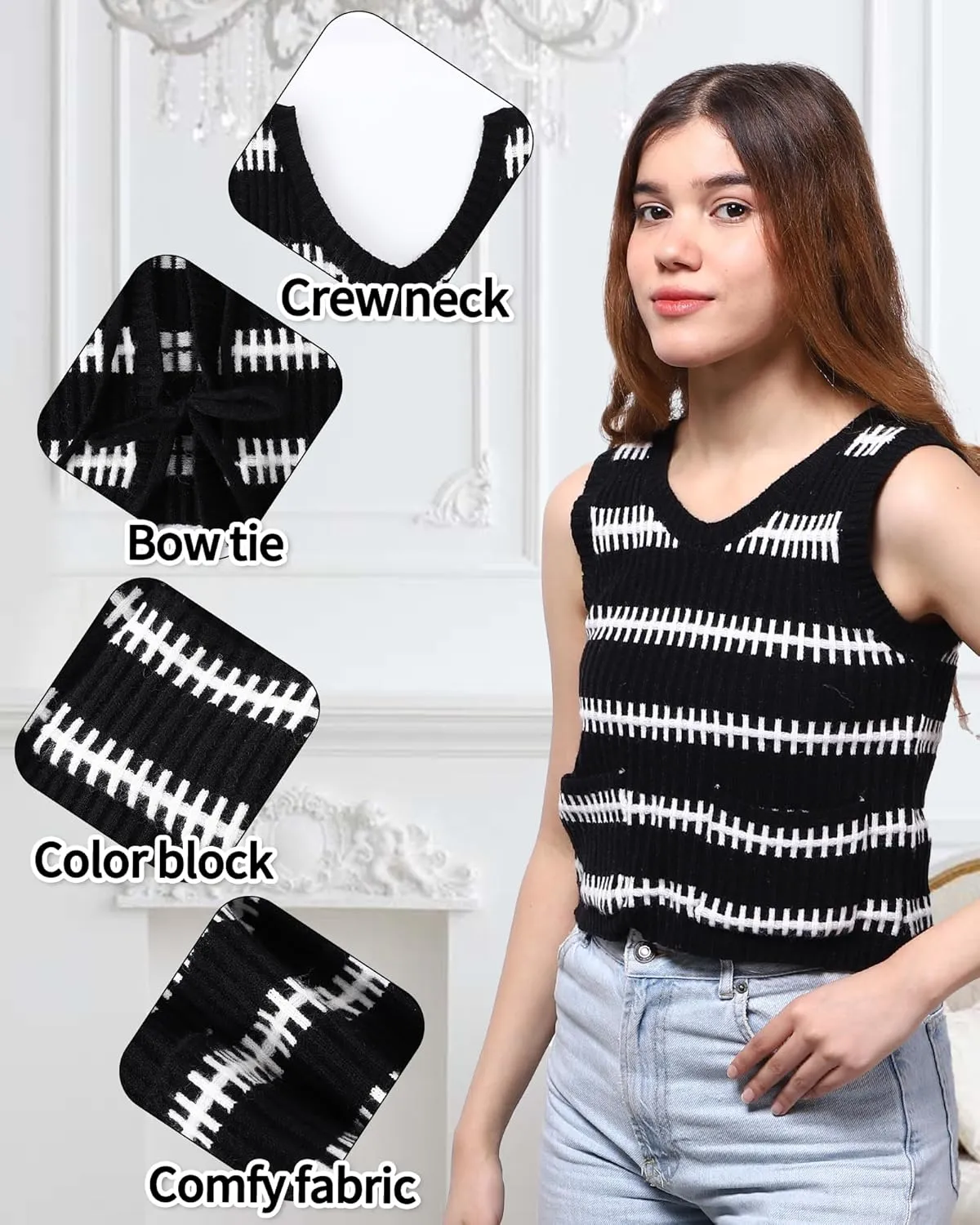 Sweater Vest Women Casual Sleeveless Crochet Tops Color Block Tie Back Knit Tank Tops with Pockets