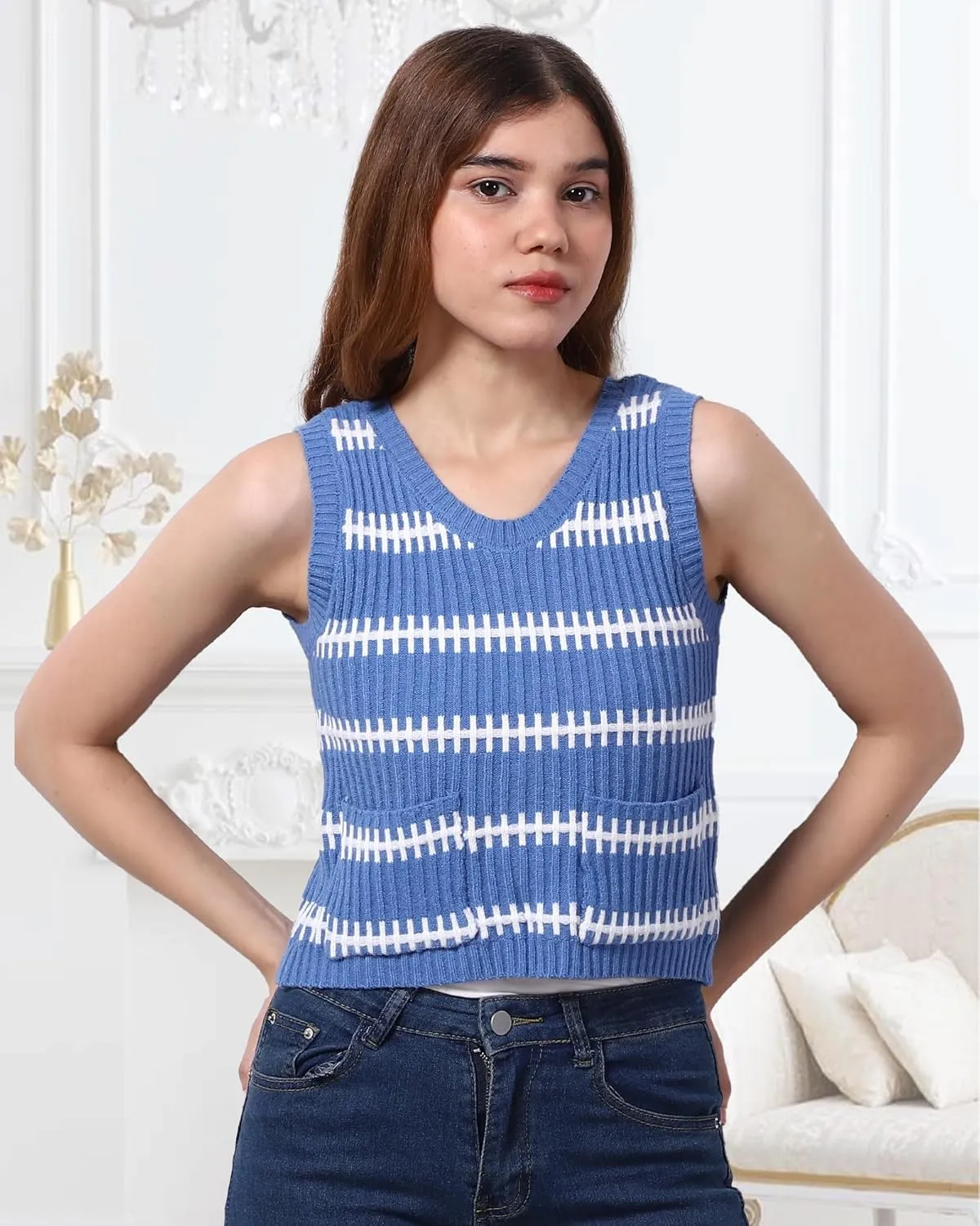 Sweater Vest Women Casual Sleeveless Crochet Tops Color Block Tie Back Knit Tank Tops with Pockets