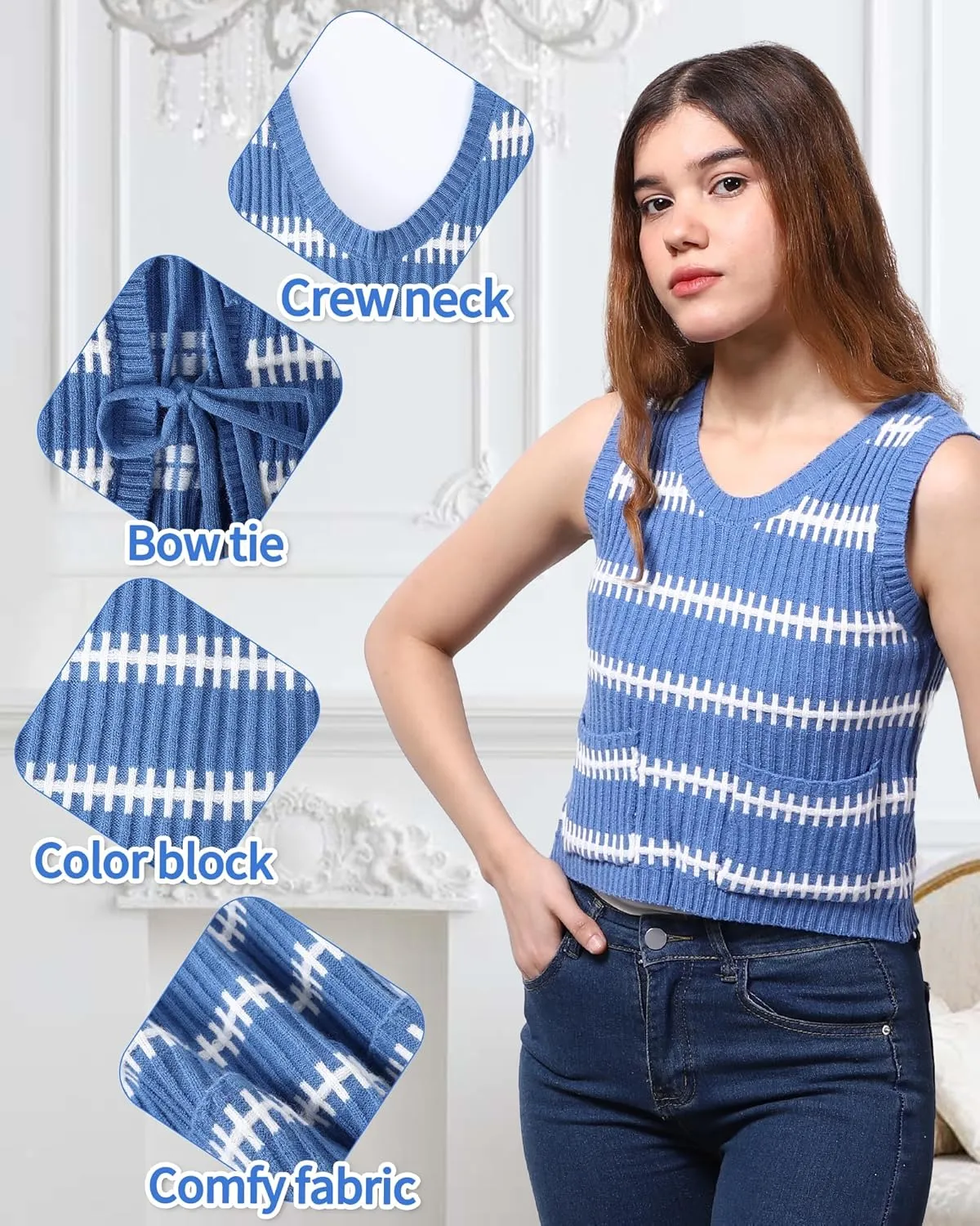 Sweater Vest Women Casual Sleeveless Crochet Tops Color Block Tie Back Knit Tank Tops with Pockets