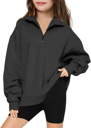 Sweatshirts for Girls Quarter Zip Pullover Long Sleeve Fleece Lined Tops Oversized Crewneck Sweatshirt Preppy Clothes