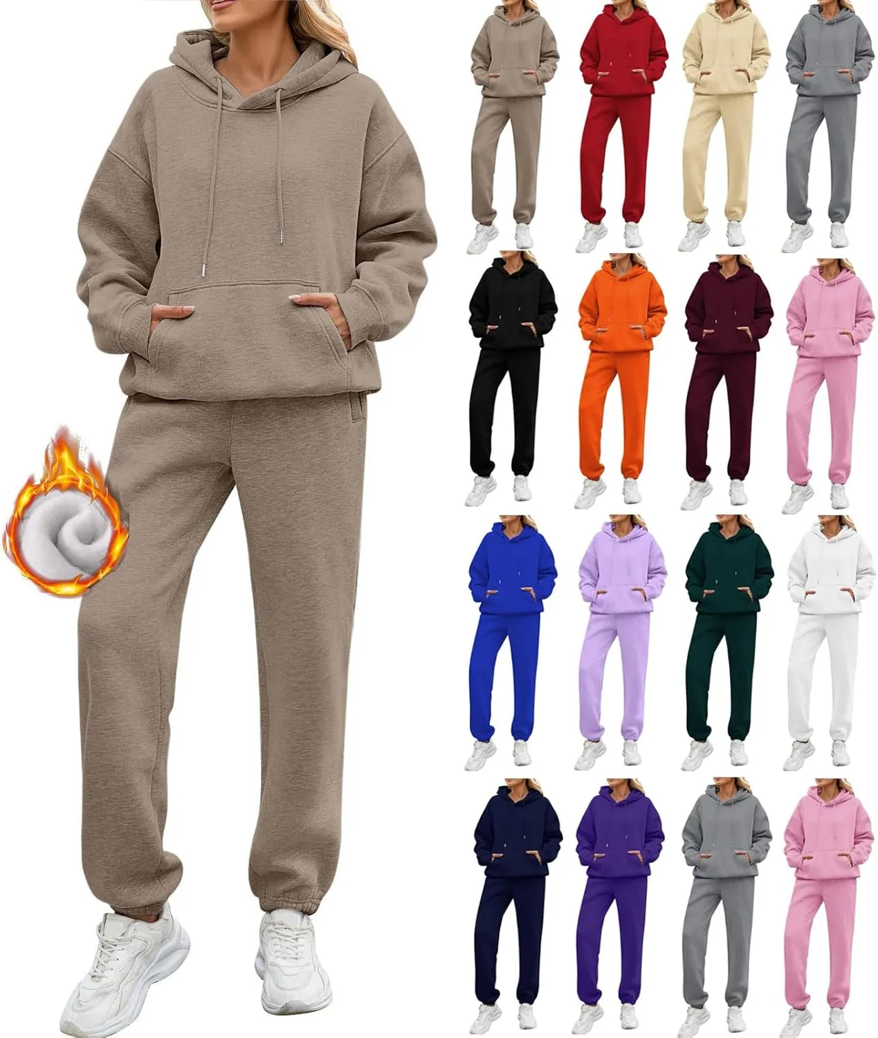 Sweatsuits Women 2 Piece Outfit Drawstring Fleece Y2K Hoodie Sweatshirt High Waist Soft Cotton Sweatpants with Pocket