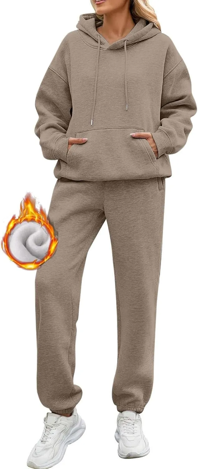 Sweatsuits Women 2 Piece Outfit Drawstring Fleece Y2K Hoodie Sweatshirt High Waist Soft Cotton Sweatpants with Pocket