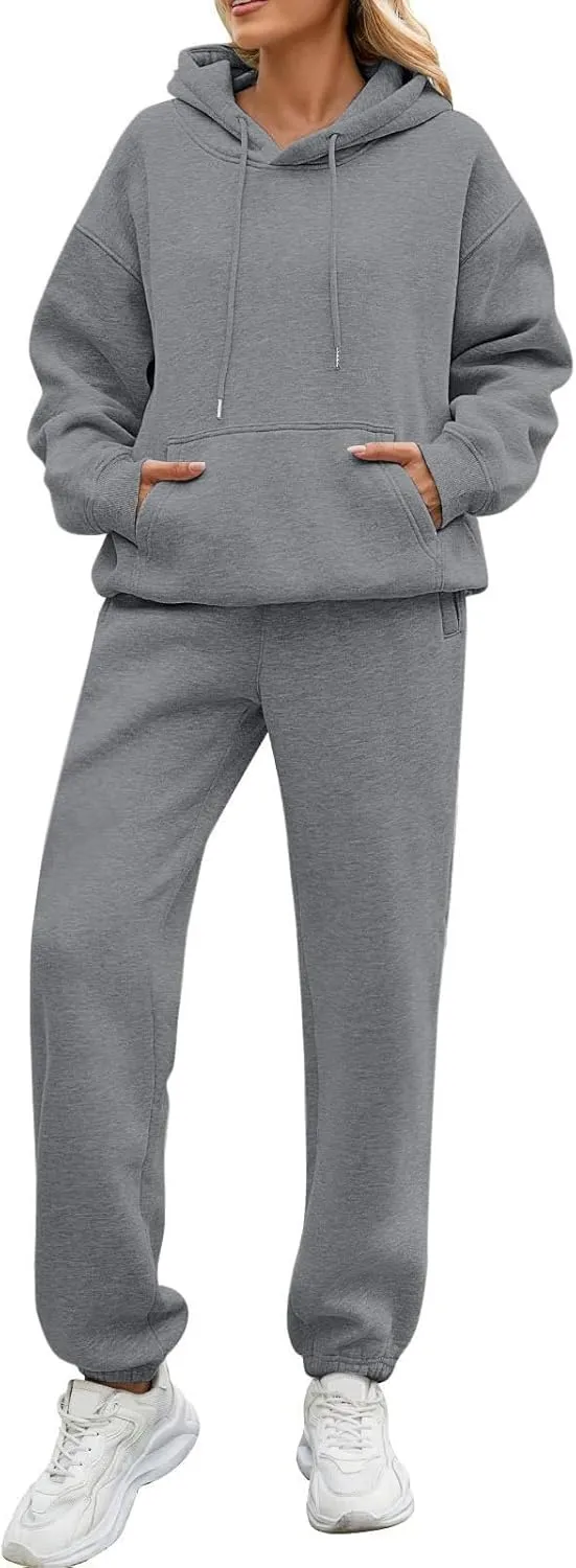 Sweatsuits Women 2 Piece Outfit Drawstring Fleece Y2K Hoodie Sweatshirt High Waist Soft Cotton Sweatpants with Pocket