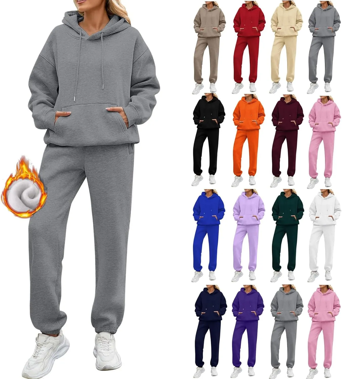 Sweatsuits Women 2 Piece Outfit Drawstring Fleece Y2K Hoodie Sweatshirt High Waist Soft Cotton Sweatpants with Pocket