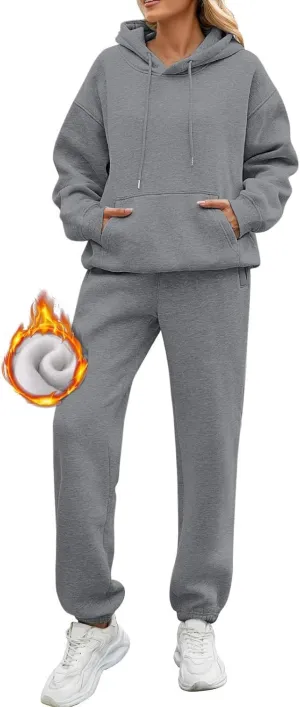 Sweatsuits Women 2 Piece Outfit Drawstring Fleece Y2K Hoodie Sweatshirt High Waist Soft Cotton Sweatpants with Pocket