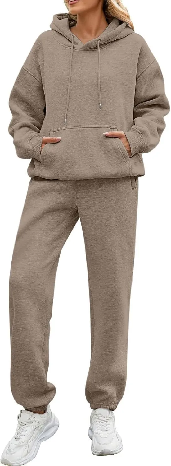 Sweatsuits Women 2 Piece Outfit Drawstring Fleece Y2K Hoodie Sweatshirt High Waist Soft Cotton Sweatpants with Pocket