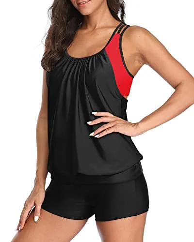 T-Back Blouson Sporty Tankini Swimsuits For Women Boy Shorts-Black And Red