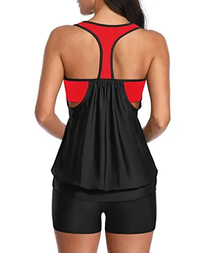 T-Back Blouson Sporty Tankini Swimsuits For Women Boy Shorts-Black And Red