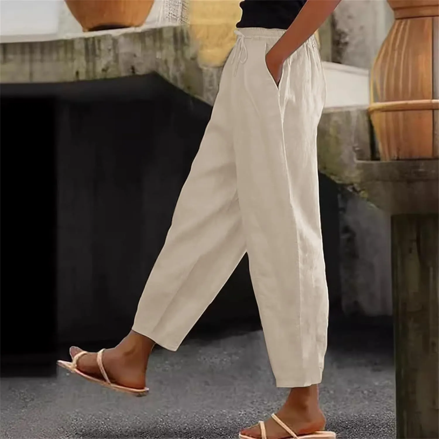 TANGNADE Women's Relaxed Wide-Leg Palazzo Pants with Elastic Waist Casual Harem Trousers for Summer and Beach Wear