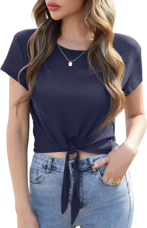 TASAMO Women's Summer Crop Top Lightweight Short Sleeve Tie Front Loose Fit Y2K Stripe Thin Tee Slightly Sheer T-Shirt