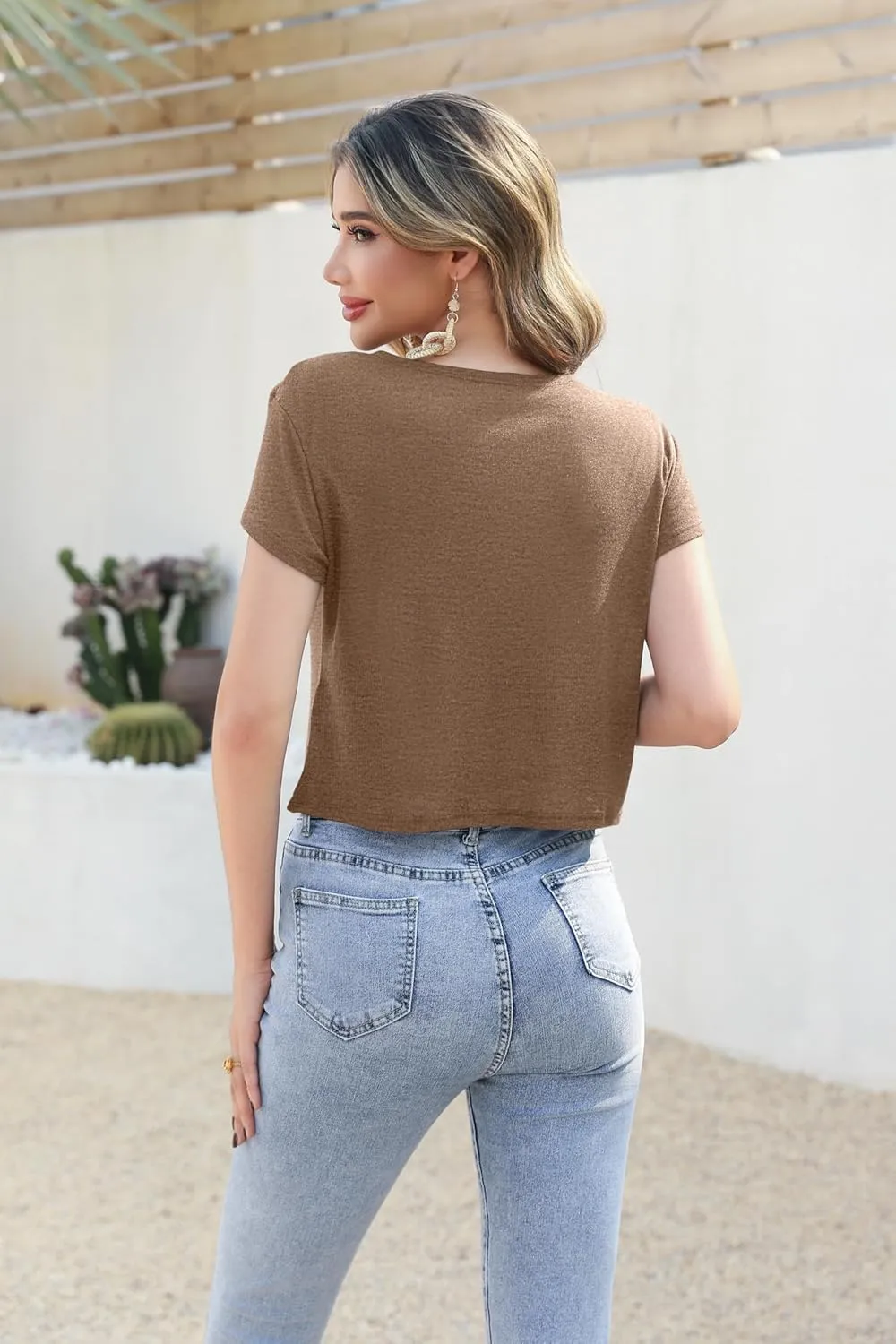 TASAMO Women's Summer Crop Top Lightweight Short Sleeve Tie Front Loose Fit Y2K Stripe Thin Tee Slightly Sheer T-Shirt