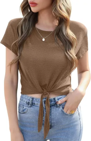 TASAMO Women's Summer Crop Top Lightweight Short Sleeve Tie Front Loose Fit Y2K Stripe Thin Tee Slightly Sheer T-Shirt