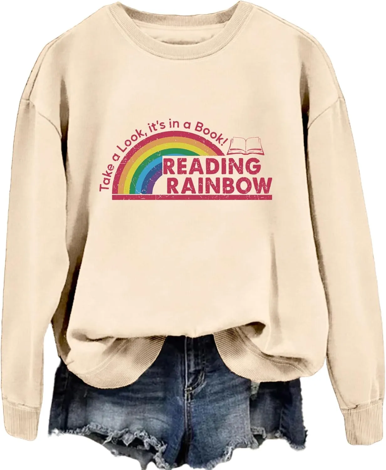Teacher Sweatshirts for Women Take a Look It's in a Book Lovers Shirt Reading Rainbow Graphic Tees Cute Fall Tops