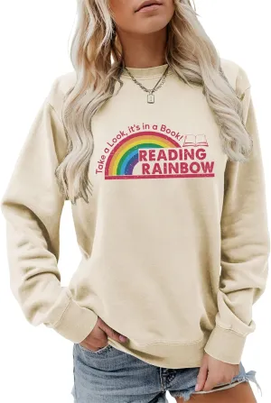 Teacher Sweatshirts for Women Take a Look It's in a Book Lovers Shirt Reading Rainbow Graphic Tees Cute Fall Tops