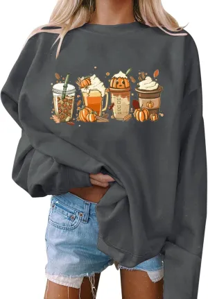 Thanksgiving Sweatshirt Women Pumpkin Coffee Graphic Sweatshirts Cute Halloween Shirts Fall Crewneck Sweatshirt