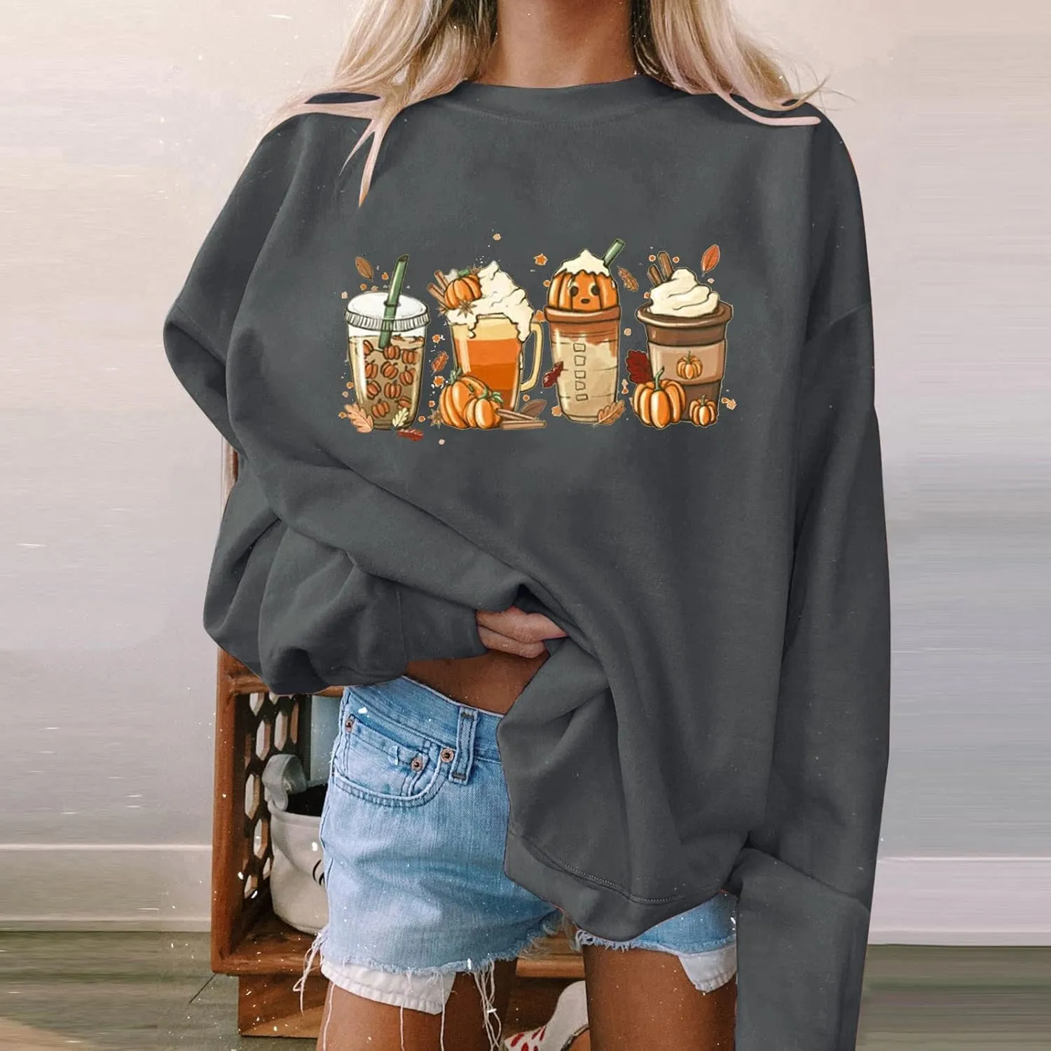 Thanksgiving Sweatshirt Women Pumpkin Coffee Graphic Sweatshirts Cute Halloween Shirts Fall Crewneck Sweatshirt