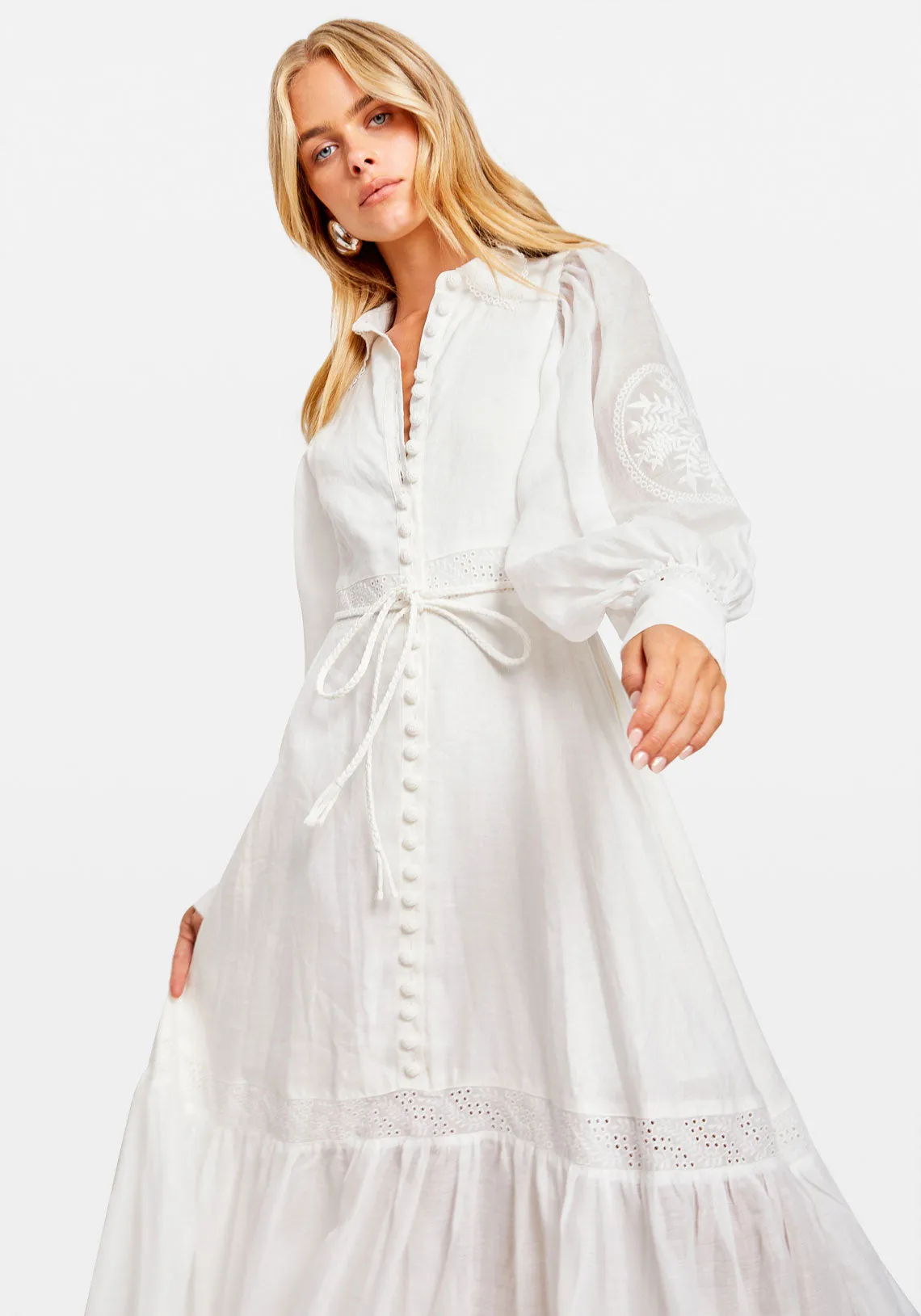 THEODORA LINEN RAMIE EMBROIDERY MAXI DRESS