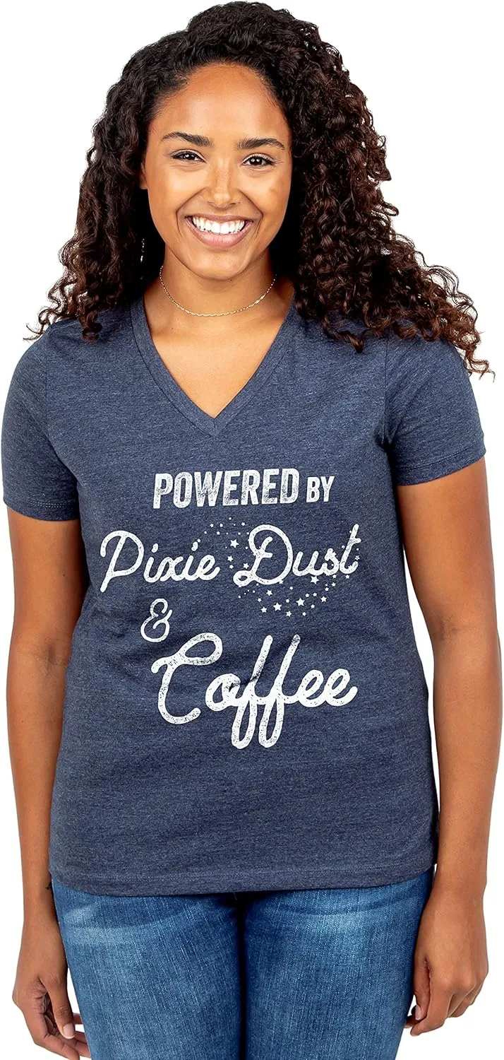Thread Tank Powered by Pixie Dust and Coffee Women's Shirt Relaxed V Neck T Shirt Fashion Wear Comfy Summer Tops Graphic Tee