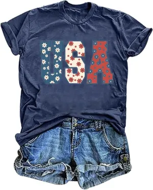 TIXOM Women's USA Floral Flowers Shirt 4th of July American Flag Graphic Tee Independence Day Summer Patriotic Tops