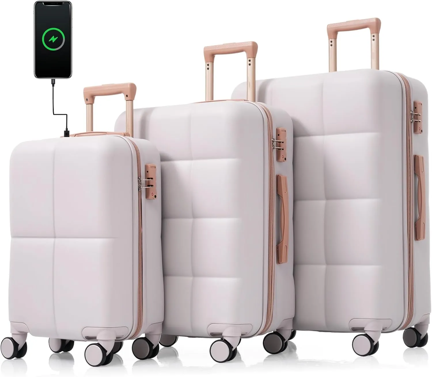 Travel Light with 3-Piece Luggage Set, Featuring USB Port, Spinner Wheels, and Convenient Cup Holder, Light Grey