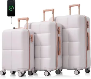 Travel Light with 3-Piece Luggage Set, Featuring USB Port, Spinner Wheels, and Convenient Cup Holder, Light Grey