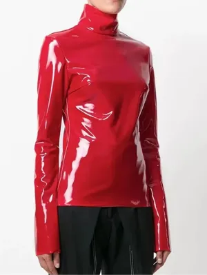 Trend4us Women's Glossy Patent Leather High-Neck Top