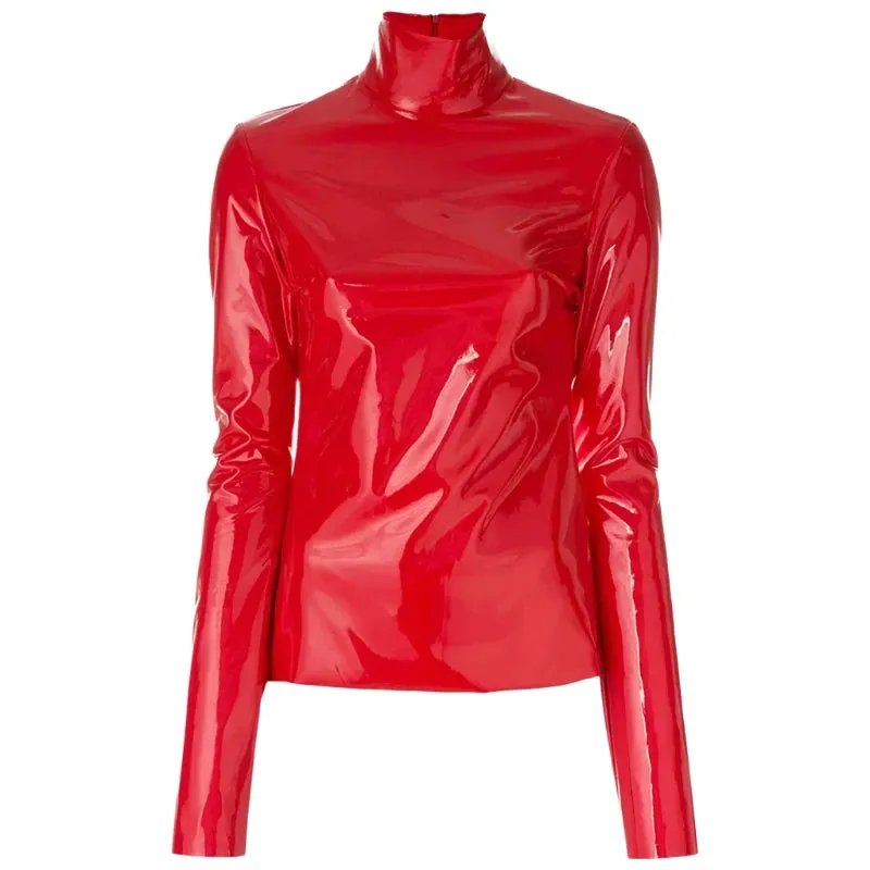 Trend4us Women's Glossy Patent Leather High-Neck Top