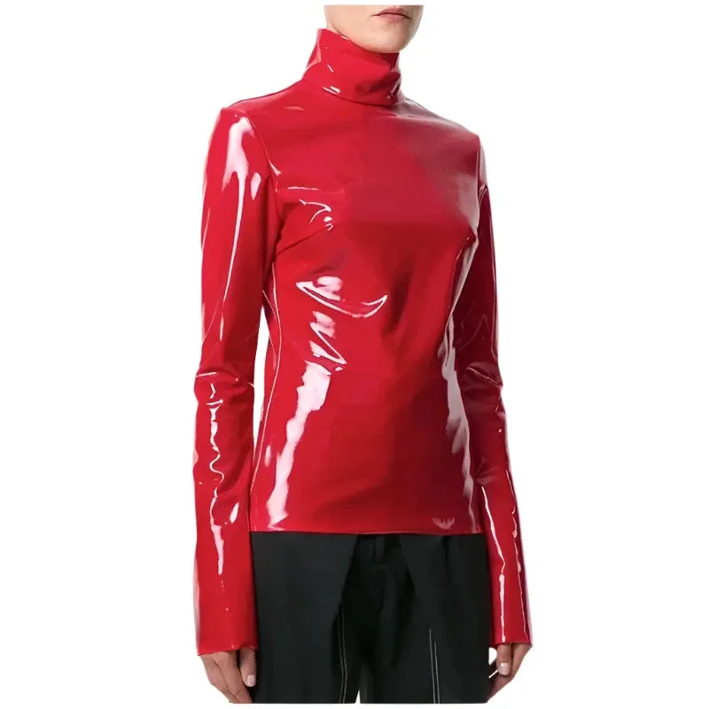Trend4us Women's Glossy Patent Leather High-Neck Top