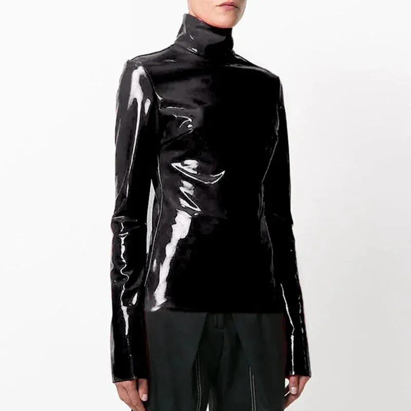 Trend4us Women's Glossy Patent Leather High-Neck Top