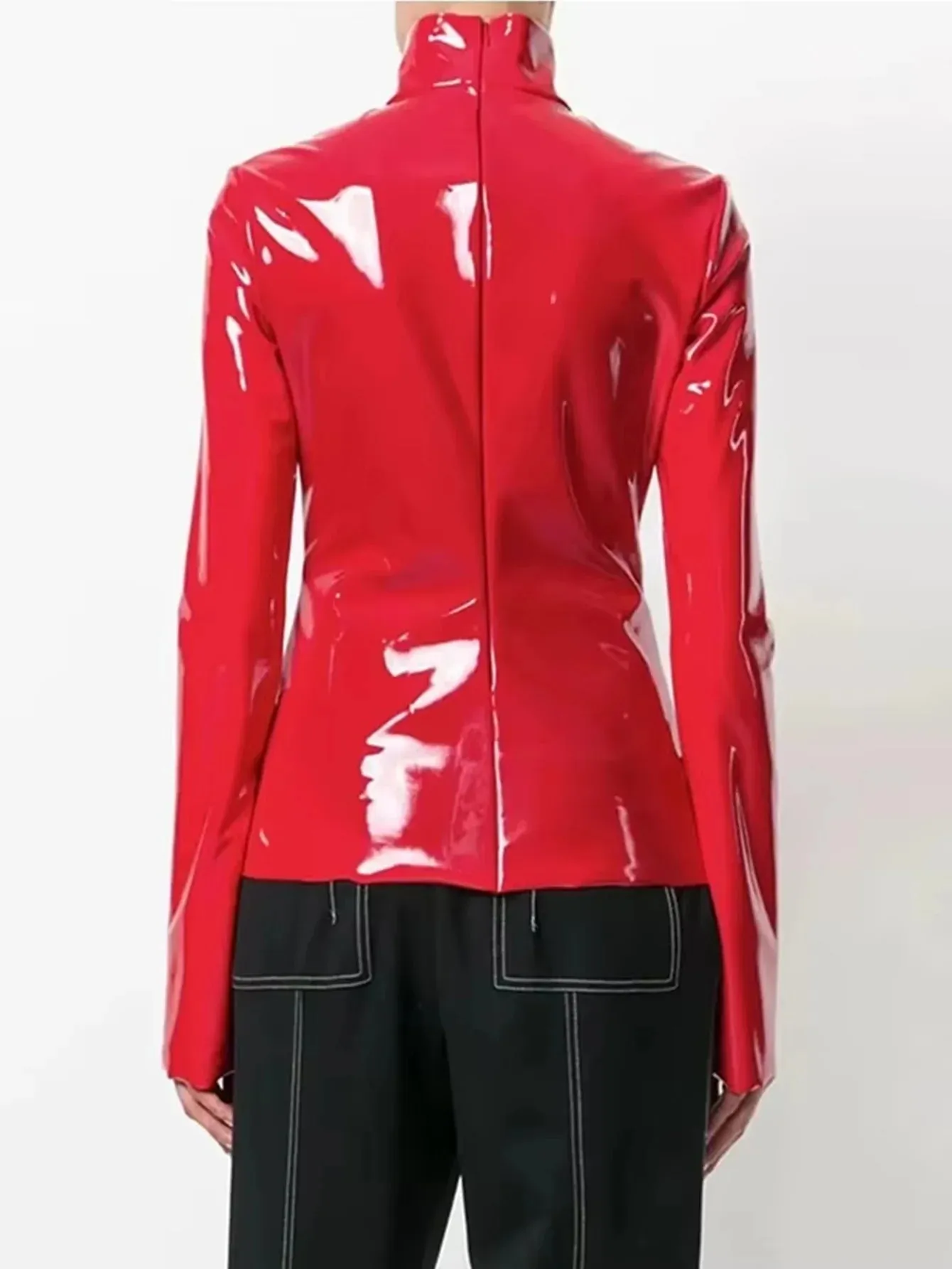 Trend4us Women's Glossy Patent Leather High-Neck Top
