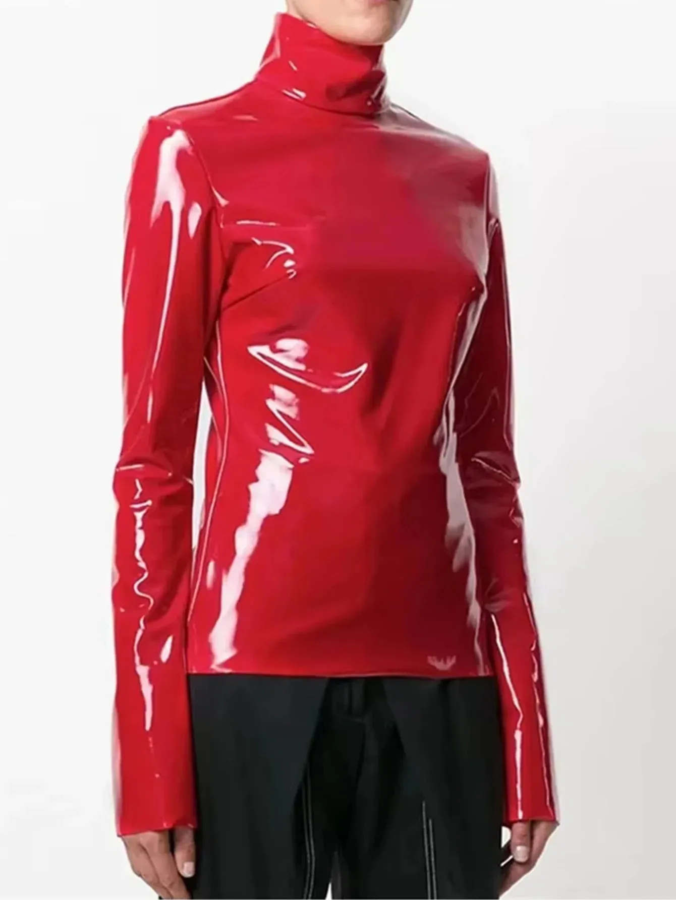 Trend4us Women's Glossy Patent Leather High-Neck Top