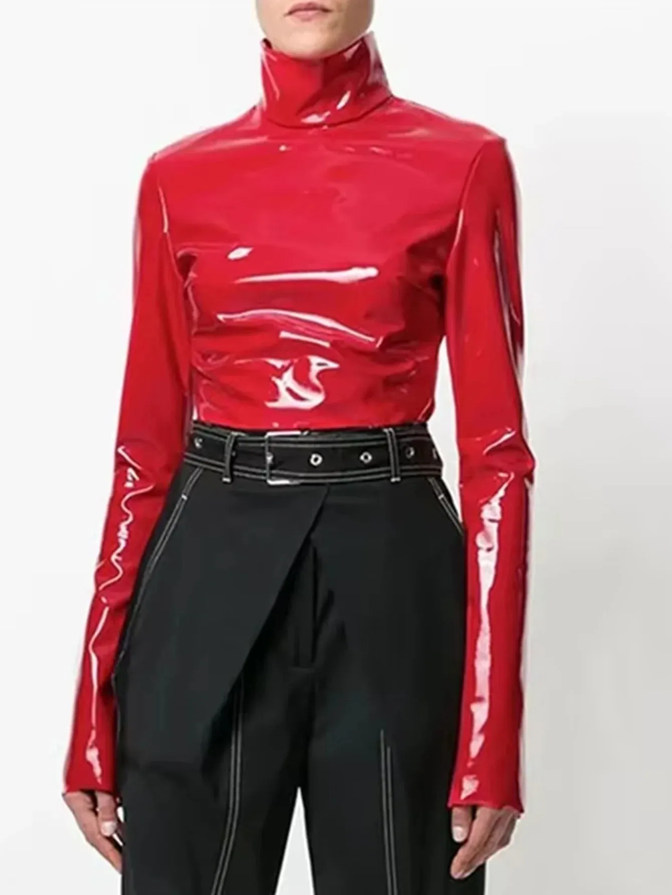 Trend4us Women's Glossy Patent Leather High-Neck Top