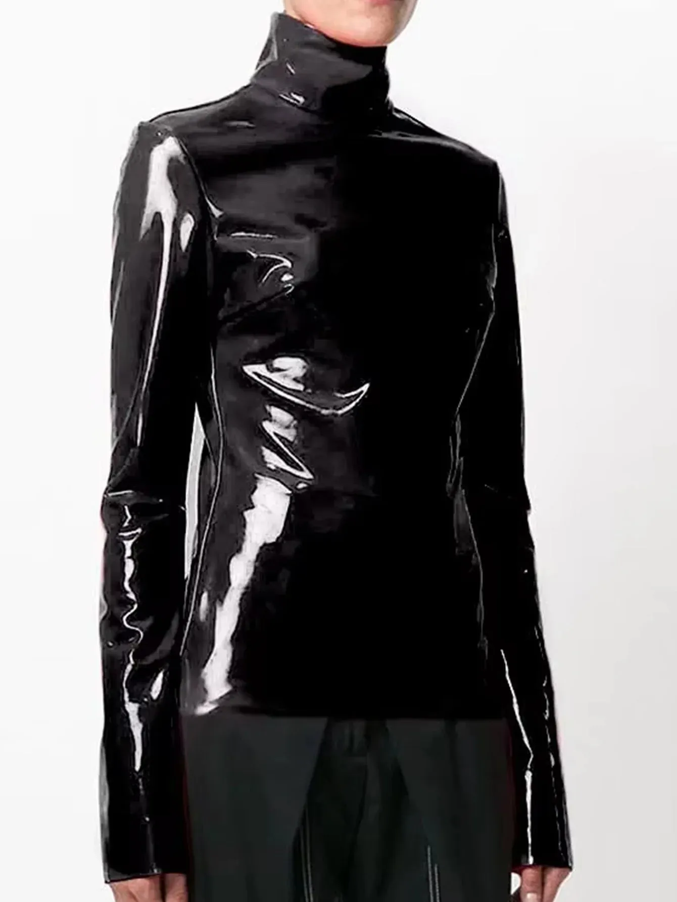 Trend4us Women's Glossy Patent Leather High-Neck Top