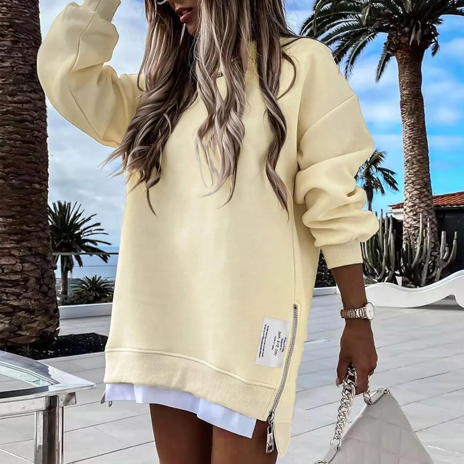 uhnmki Chic Me Womens Long Sleeve Zipper Slit Sweatshirt Casual Pullover Zipper Hoodies Womens Side Zipper Sweatshirts