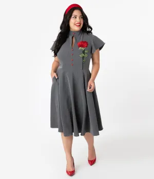 Unique Vintage Plus Size Grey & Embroidered Red Rose Baltimore Swing Dress