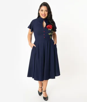 Unique Vintage Plus Size Navy & Embroidered Red Rose Baltimore Swing Dress