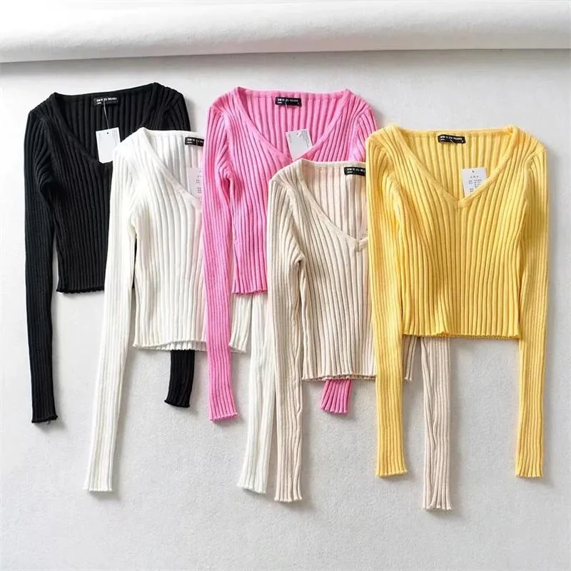 V Neck Fitted Rib Crop Knitted Sweater