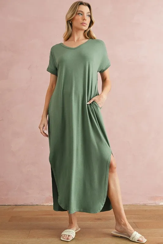 V Neck Hidden Pocket Splits Maxi T-shirt Dress