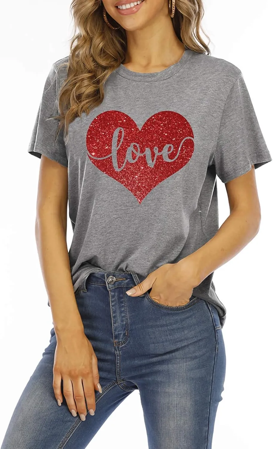 Valentines Day Shirts Women Cute Glitter Heart Shirt Casual Valentines Shirts for Women Long Sleeve Graphic Tees Tops