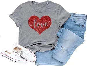 Valentines Day Shirts Women Cute Glitter Heart Shirt Casual Valentines Shirts for Women Long Sleeve Graphic Tees Tops