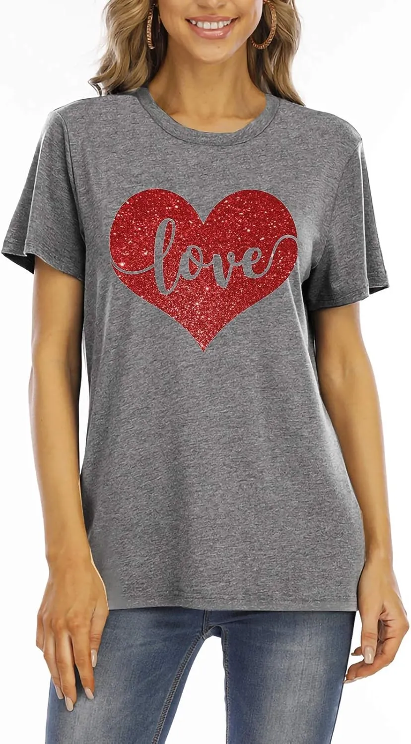 Valentines Day Shirts Women Cute Glitter Heart Shirt Casual Valentines Shirts for Women Long Sleeve Graphic Tees Tops