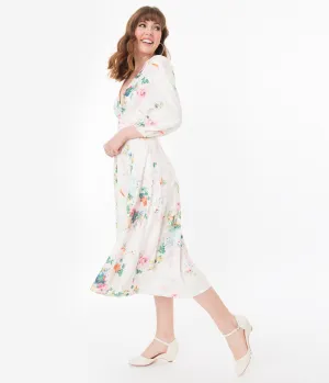 Vintage Style Ivory & Watercolor Floral Midi Dress