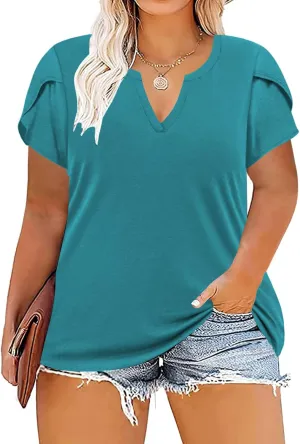 VISLILY Plus-Size-Tops for Women Casual Petal Sleeve T Shirts Summer V Neck Loose Comfy Tee