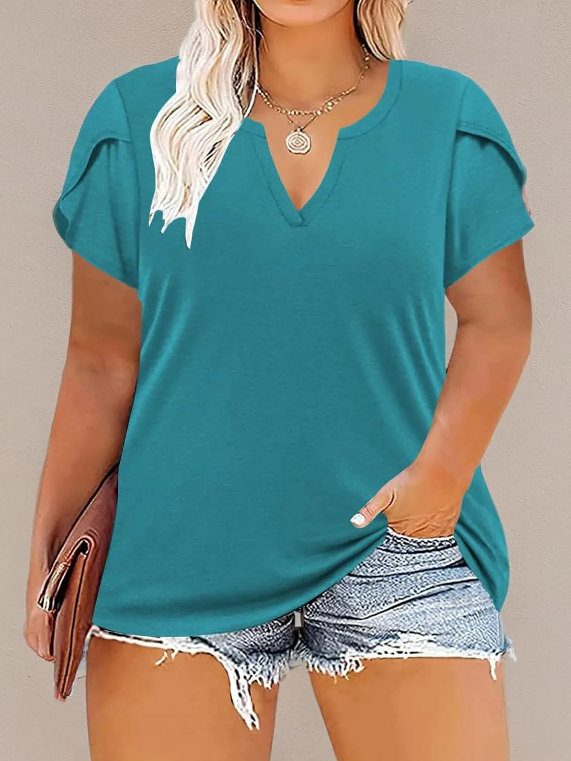 VISLILY Plus-Size-Tops for Women Casual Petal Sleeve T Shirts Summer V Neck Loose Comfy Tee
