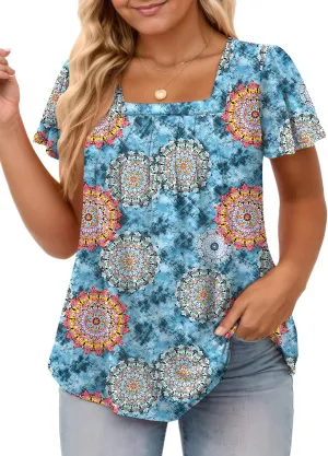 VISLILY Womens-Plus-Size-Summer-Tops Casual Ruffle Sleeve T Shirts Trendy Square Neck Tunics Loose Comfy Pleated Tees