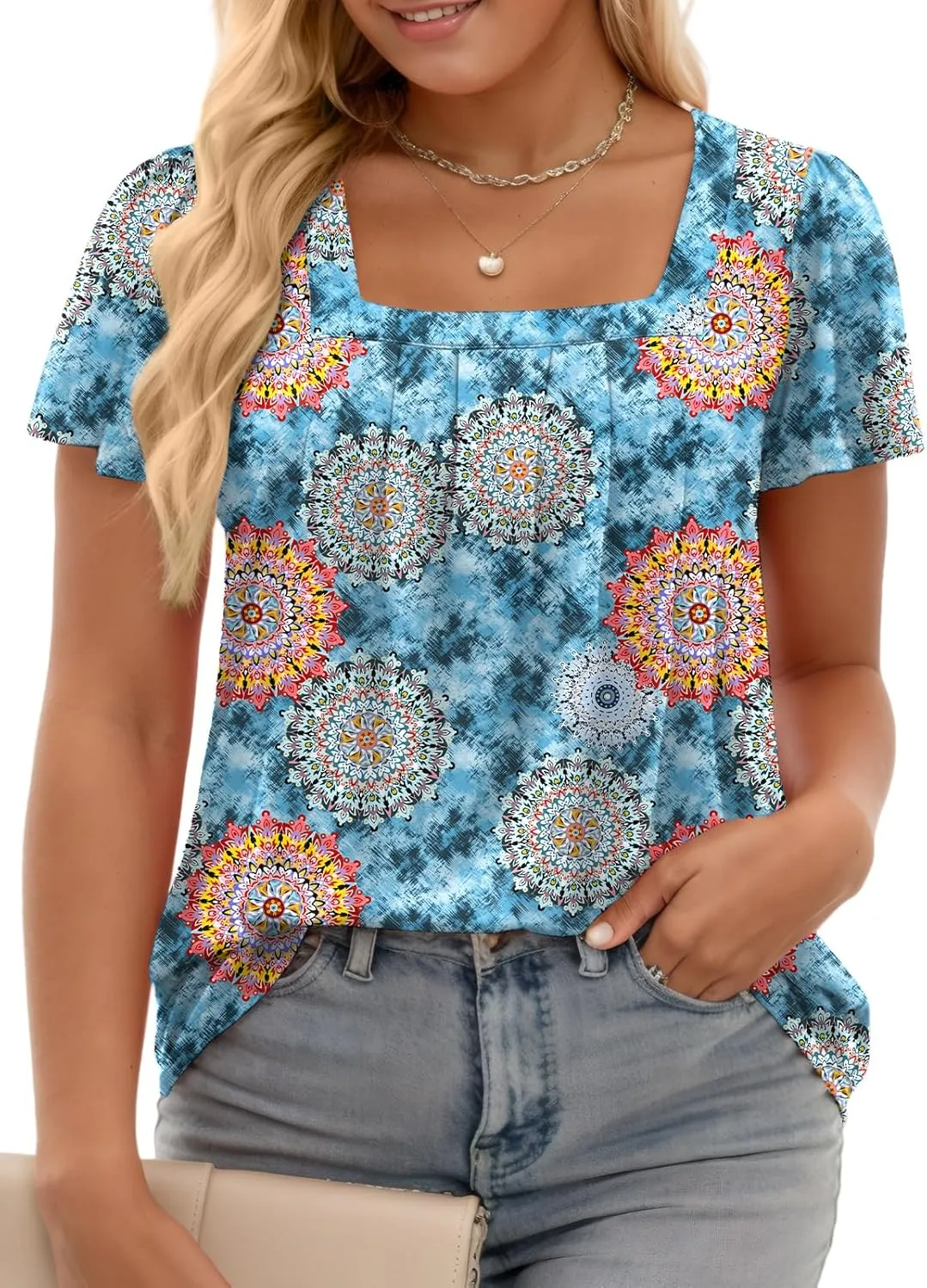 VISLILY Womens-Plus-Size-Summer-Tops Casual Ruffle Sleeve T Shirts Trendy Square Neck Tunics Loose Comfy Pleated Tees