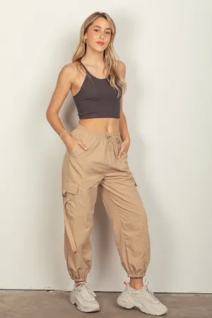 Waist Woven Cargo Pants in Taupe