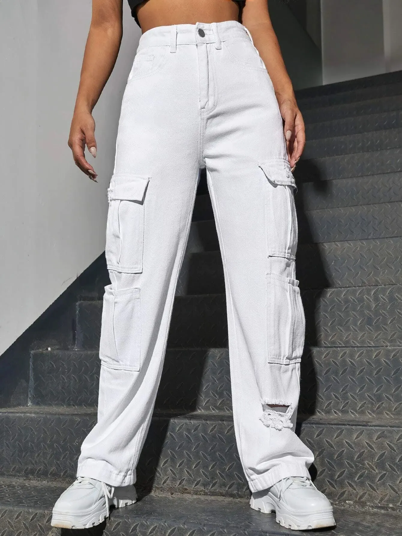 Western Flap Pocket Long Ripped Jeans