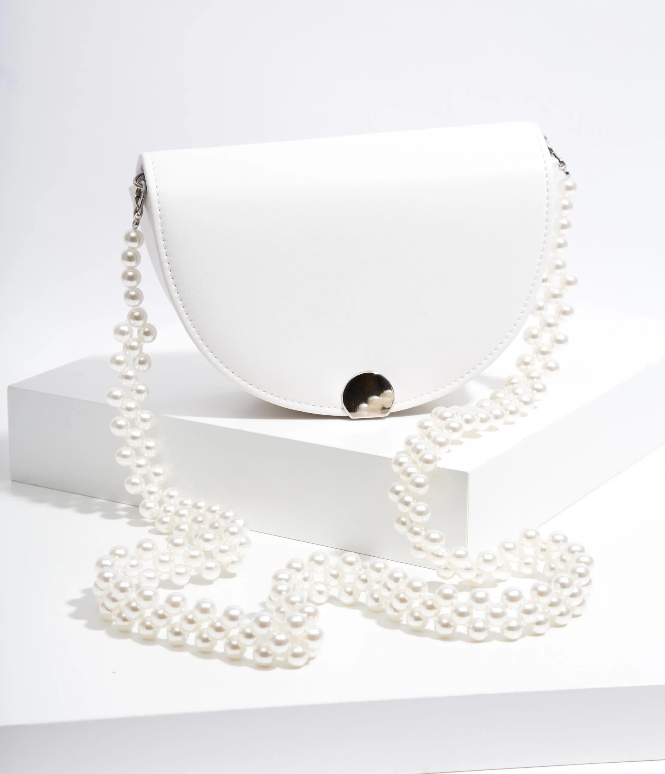 White Leatherette Beaded Strap Crossbody Purse